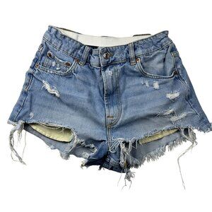 Zara Womens High-Waist Distressed Denim Shorts  Sz 6 Raw Hem Elastic Waistband
